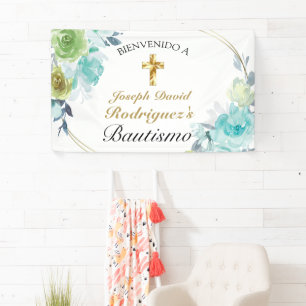 Hermoso Azul Floral Oro Cruz Bautismo Bienvenido Banner