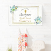 HERMOSO BAUTIZO BEBÉ CRUZADO DE ORO FLORAL AZUL BANNER (Insitu)