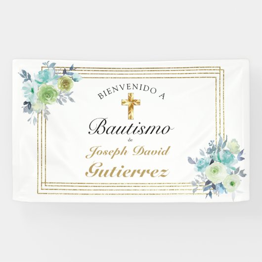 HERMOSO BAUTIZO BEBÉ CRUZADO DE ORO FLORAL AZUL BANNER (Horizontal)