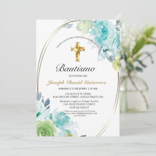 HERMOSO BAUTIZO BEBÉ CRUZADO DE ORO FLORAL AZUL EINLADUNG (Stehend Vorderseite)