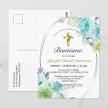 HERMOSO BAUTIZO BEBÉ CRUZADO DE ORO FLORAL AZUL IN