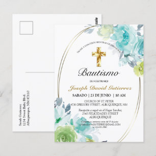 HERMOSO BAUTIZO BEBÉ CRUZADO DE ORO FLORAL AZUL IN POSTKARTE
