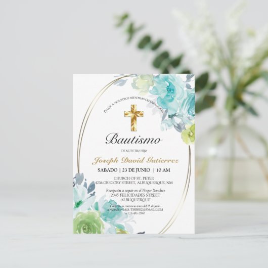 HERMOSO BAUTIZO BEBÉ CRUZADO DE ORO FLORAL AZUL IN POSTKARTE (Stehend Vorderseite)