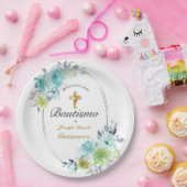 HERMOSO BAUTIZO BEBÉ CRUZADO DE ORO FLORAL AZUL PAPPTELLER (Party)