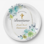 HERMOSO BAUTIZO BEBÉ CRUZADO DE ORO FLORAL AZUL PAPPTELLER (Vorderseite)