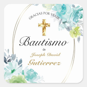 HERMOSO BAUTIZO BEBÉ CRUZADO DE ORO FLORAL AZUL QUADRATISCHER AUFKLEBER