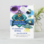 Hero Spaceship Boy Birthday Einladung (Stehend Vorderseite)