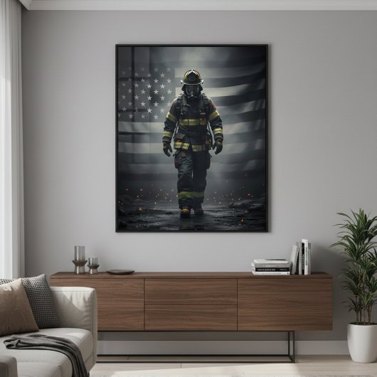 Heroic Firefighter Walking Through Smoke poster