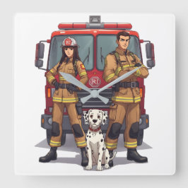 Heroic Firefighters & Dalmatian Wall Clock Quadratische Wanduhr