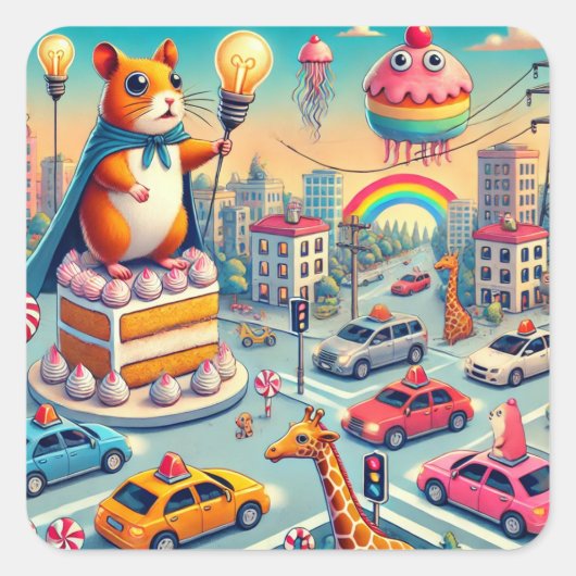Heroic Hamster auf Cake in Fantasy City Quadratischer Aufkleber (Vorderseite)