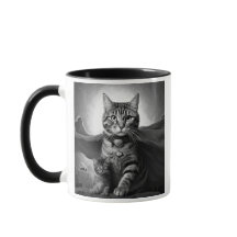 Heroische Katze mit Umhang und Kätzchen.