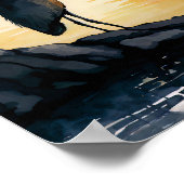 Heron beobachtet die Wasserfarbe des Sonnenunterga Poster (Ecke)