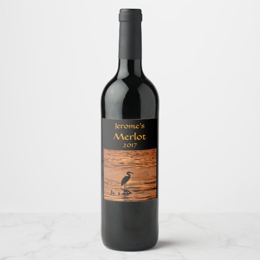 Heron Bird bei Orange Sunset Lake Wine Label Weinetikett (Vorderseite)