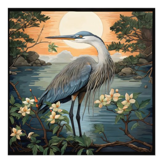 Heron in Pond Fotodruck (Vorne)