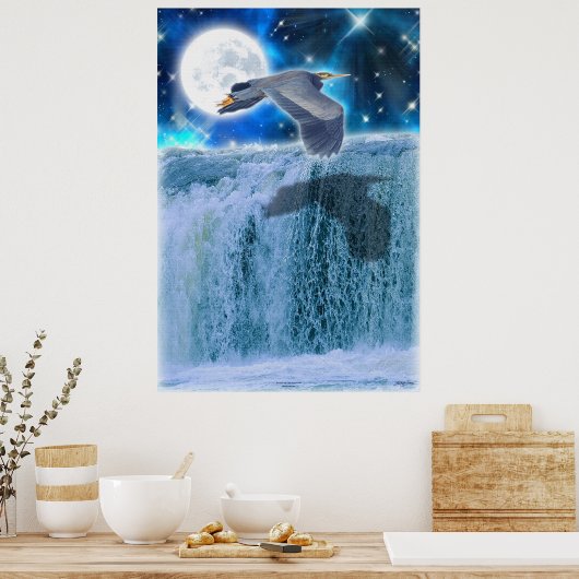 Heron, Moon & Waterfall Fantasy Art Poster (Küche)