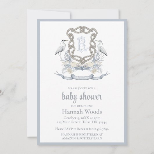 Heron Rope Monogram Baby Shower Einladung (Vorderseite)