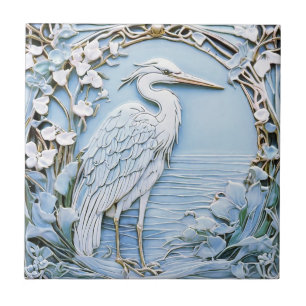 Heron Sea Bird Art Nouveau Imitats Relief Right Bl Fliese