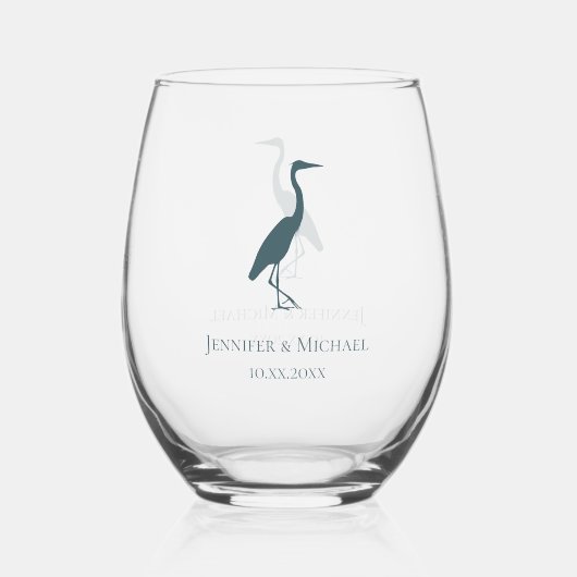 Heron Silhouette aquamarine Hochzeitsgäste Weinglas Ohne Stiel (Rückseite)