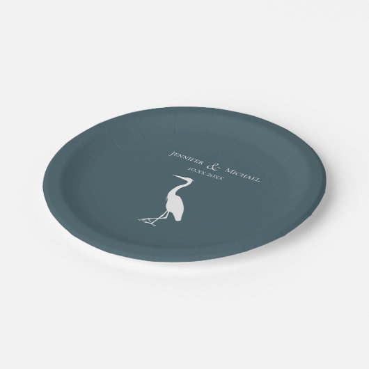 Heron Silhouette weiß in dunkelblau Pappteller (Schrägansicht)