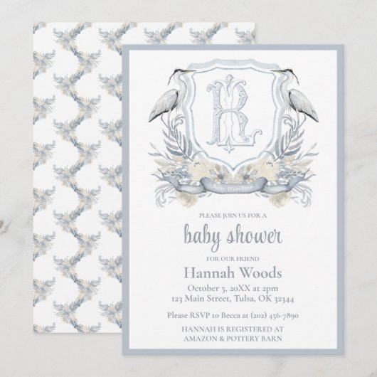 Heron Specialty Monogram Babyparty Einladung (Vorne/Hinten)
