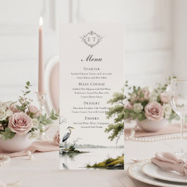 Heron Toile Country Monogram Wedding Flat Menu Menükarte