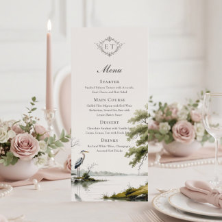 Heron Toile Country Monogram Wedding Flat Menu Menükarte