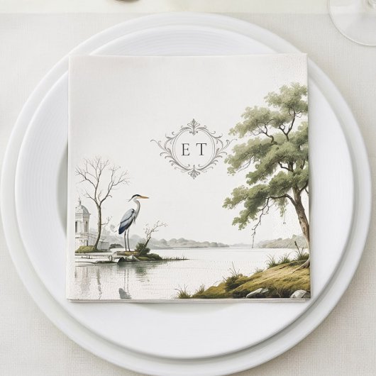 Heron Toile French Country Monogram Paper Napkin Serviette