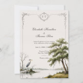 Heron Toile French Country Monogram Wedding Einladung (Vorderseite)