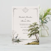 Heron Toile French Country Monogram Wedding Einladung (Stehend Vorderseite)