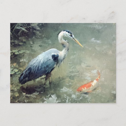 Heron und Vibrant Koi Fish Postkarte (Vorderseite)
