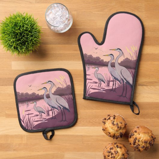 Herons by the Lake Ofenhandschuh & Topflappen-Set (Oben Unten)