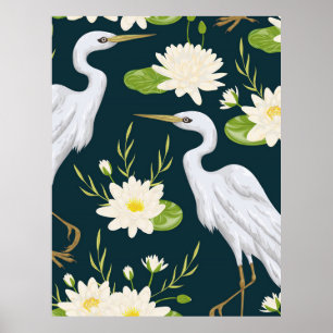 Herons White Lily Green Foliage Wasserlandschaft Poster