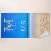 Herr Beach Wedding Hearts in Sand Family Monogram Strandtuch (Vorderseite)