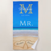 Herr Beach Wedding Hearts in Sand Family Monogram Strandtuch (Vorderseite)