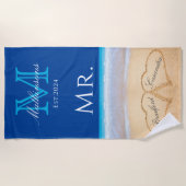 Herr Beach Wedding Hearts in Sand Family Monogram  Strandtuch (Vorderseite)