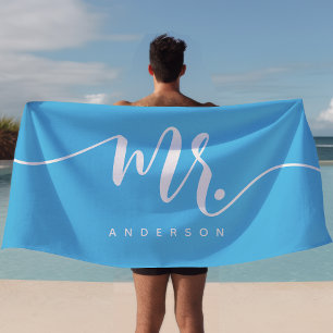 Herr Blau Und Weiß Frisch Vermählter Bräutigam Per Strandtuch
