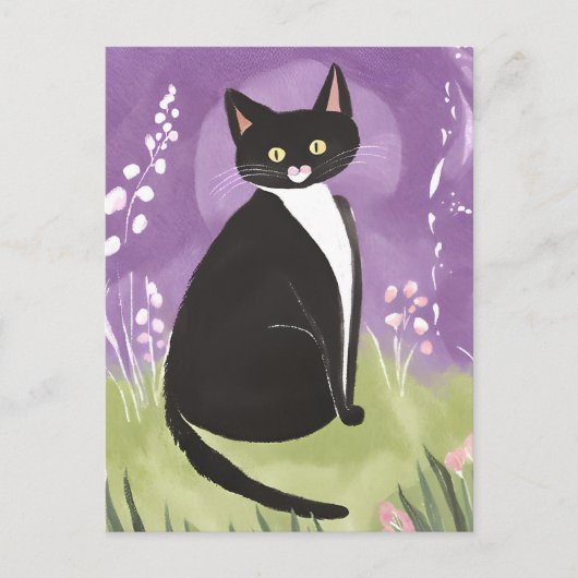 Herr Chonk | Tuxedo Cat Lila Watercolor Postkarte (Vorderseite)