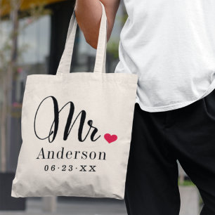 Herr Elegantes Skript Herz Hochzeit Monogramm Tragetasche
