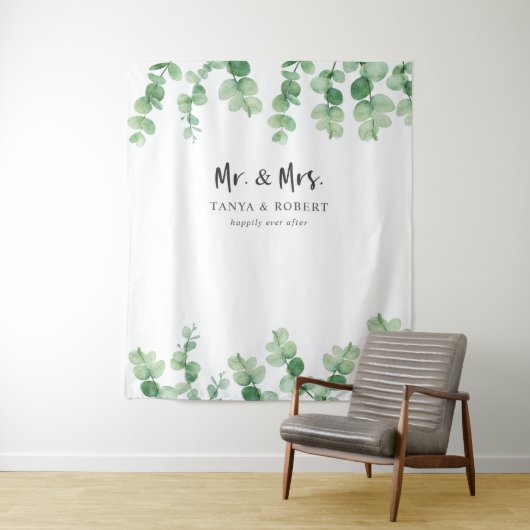 Herr & Frau Eucalyptus Wedding Backdrop Brautgarte Wandteppich (Beispiel)