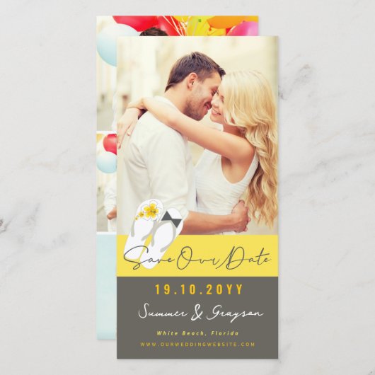 Herr & Frau Flip Flops Hibiskus Beach Wedding Foto Save The Date (Vorne/Hinten)