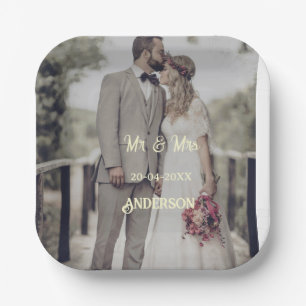 Herr & Frau fügen Familienname Foto Datum Hochzeit Pappteller