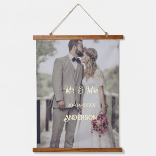 Herr & Frau fügen Familienname Foto Datum Hochzeit Wandteppich Mit Holzrahmen