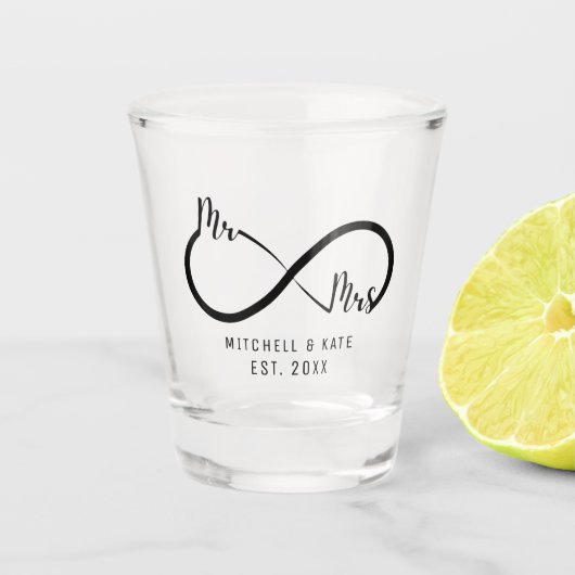 Herr & Frau Infinity Symbol Wedding Schnapsglas (Vorderseite)