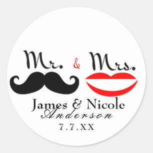Herr & Frau Retro-Schnurrbart-Lippen-Hochzeitsaufk Runder Aufkleber