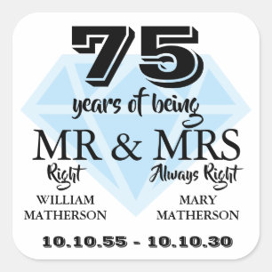 Herr Frau Right Fun Diamond 75. Hochzeitstag Quadratischer Aufkleber