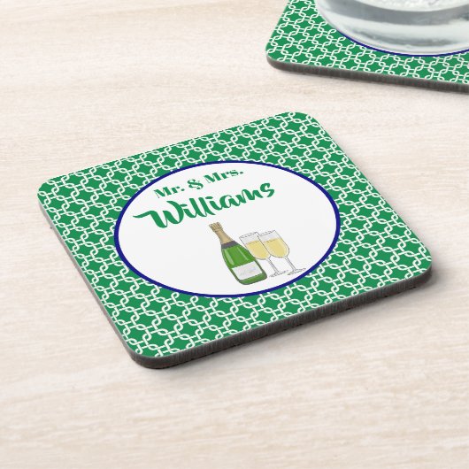 Herr & Frau Script Bride & Groom Champagne Flutes Getränkeuntersetzer (Linke Seite)