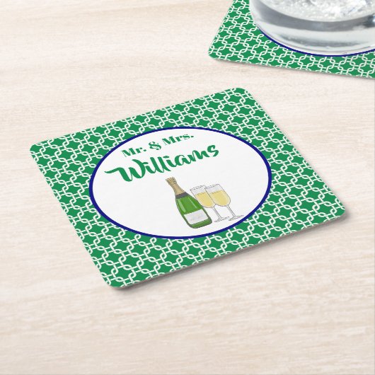 Herr & Frau Script Bride & Groom Champagne Flutes Rechteckiger Pappuntersetzer (angewinkelt)