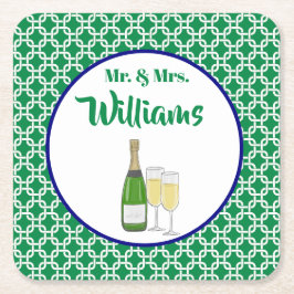 Herr & Frau Script Bride & Groom Champagne Flutes Rechteckiger Pappuntersetzer