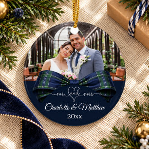 Herr Frau Weihnachten blau grün Tartan-Schleife Fo Keramik Ornament