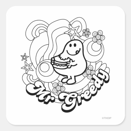 Herr Greedy | Schwarz-Weiß-Wirbel und Sterne Quadratischer Aufkleber (Vorderseite)